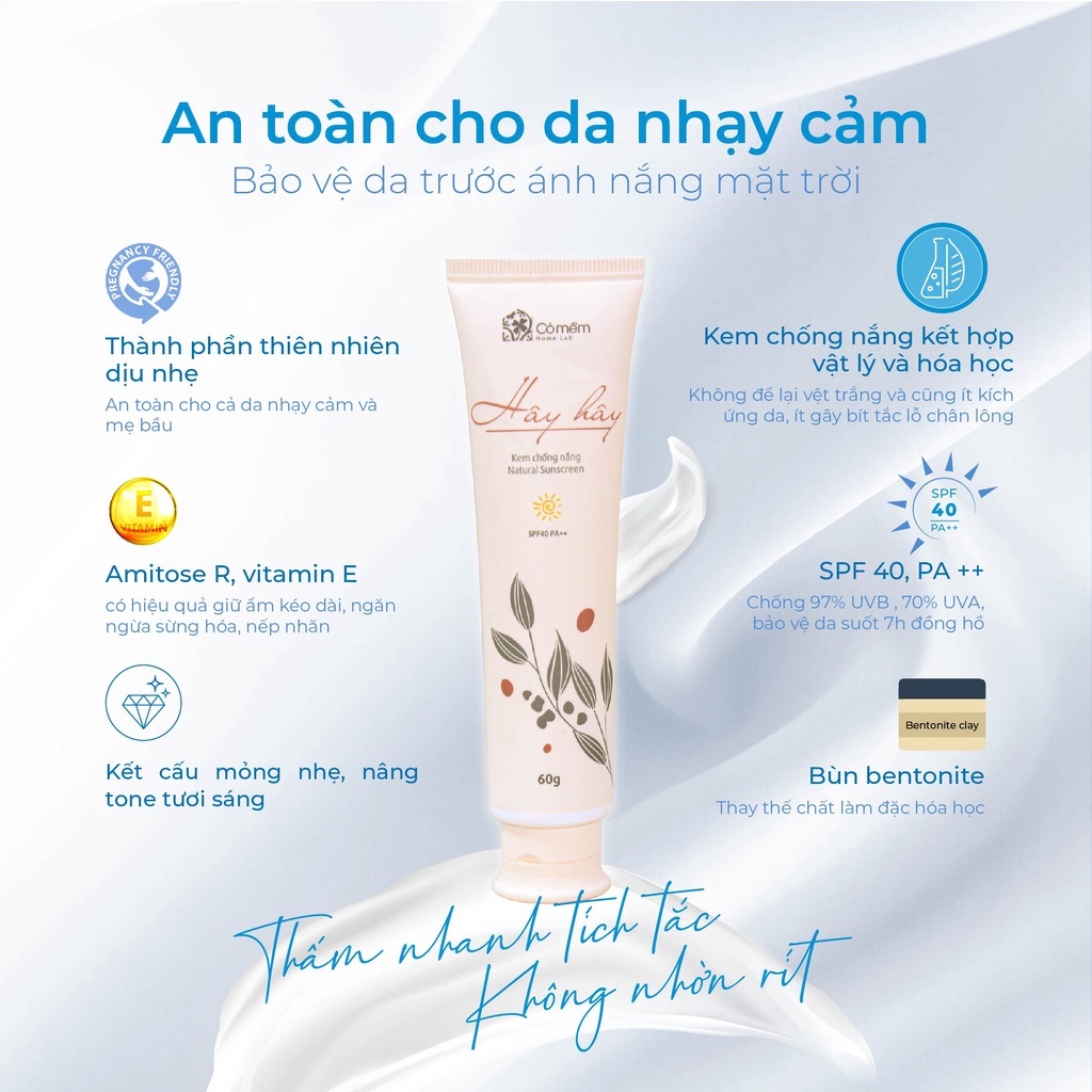 Kem Chống Nắng Thiên Nhiên Thấm Nhanh An Toàn Cho Da Hây Hây SPF 40, PA ++ Cỏ Mềm 60g