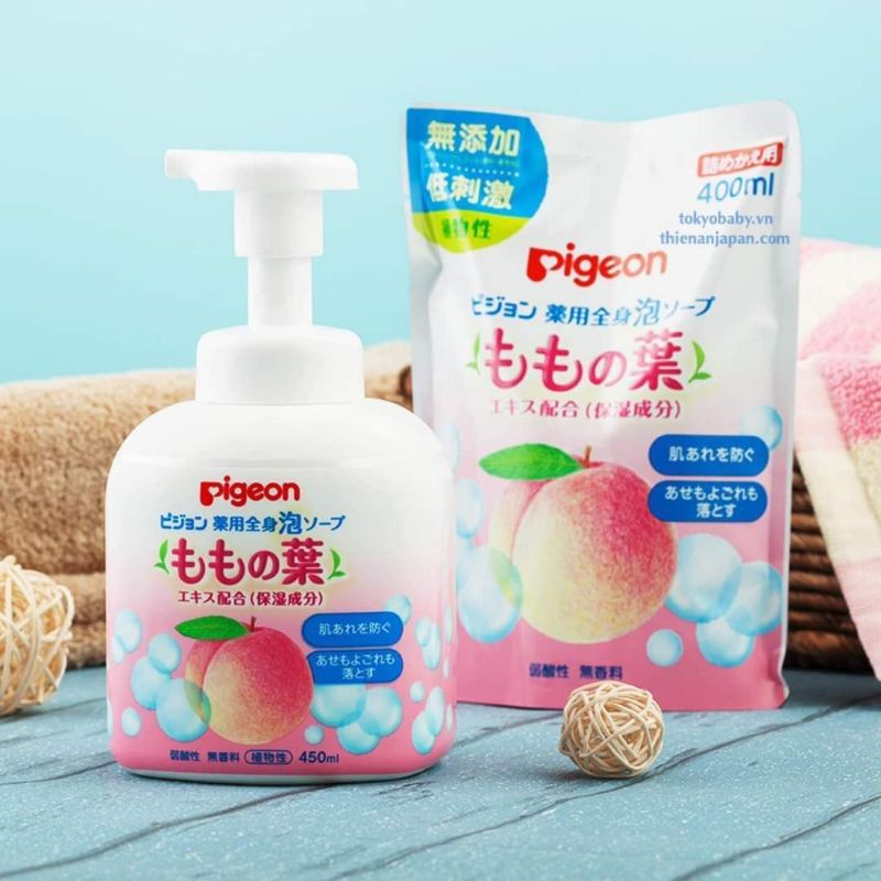 Sữa tắm gội tạo bọt Pigeon lá đào Nhật Bản Chai 450ml