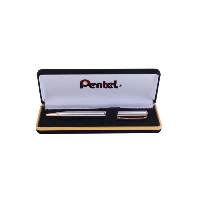 Bút Ký Cao Cấp Pentel Bạc Mạ Vàng 14kr  - Nắp Vặn, Mực Bi Xanh 0.8mm - B810PG-C - Kèm Hộp Nhung
