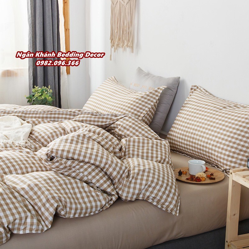[RẺ VÔ ĐỊCH] Bộ chăn ga gối ga giường cotton poly Hàn Quốc mẫu caro be vintage - Ngân Khánh Bedding drap giường
