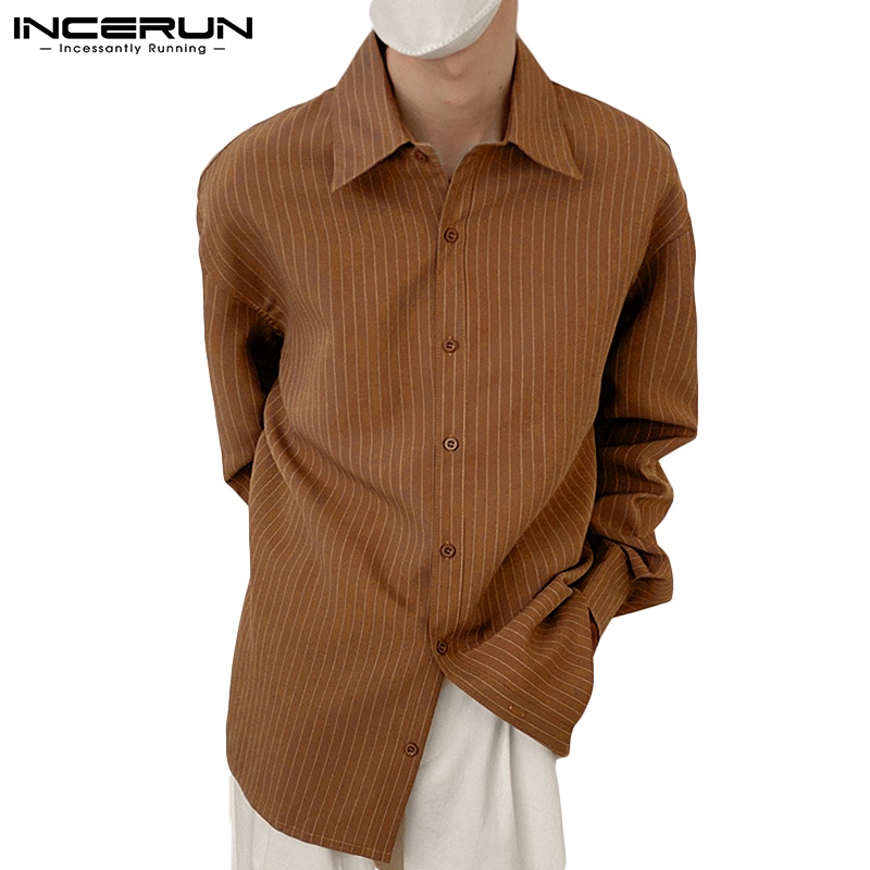Áo sơ mi Incerun tay dài họa tiết kẻ sọc phong cách Hàn Quốc thời trang thích hợp cho nam