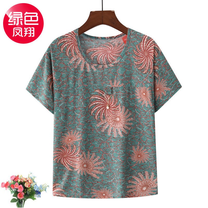 High-quality mother s summer short-sleeved T-shirt female ice silk loose large size middle-aged and elderly women’s clothing Grandma Summer Short Sleeve