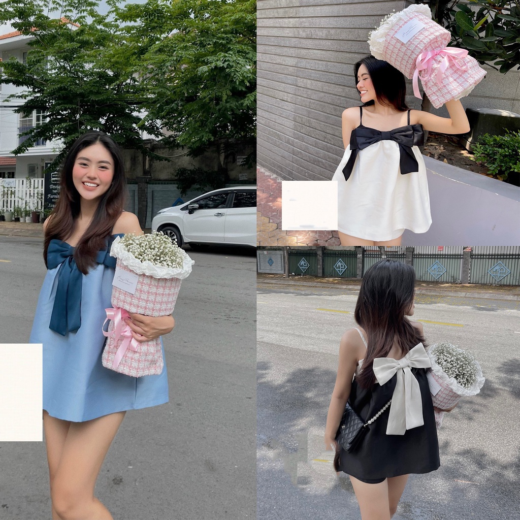 ☇◘Set áo 2 dây babydoll nơ ngực dáng xòe quần short đùi BN700