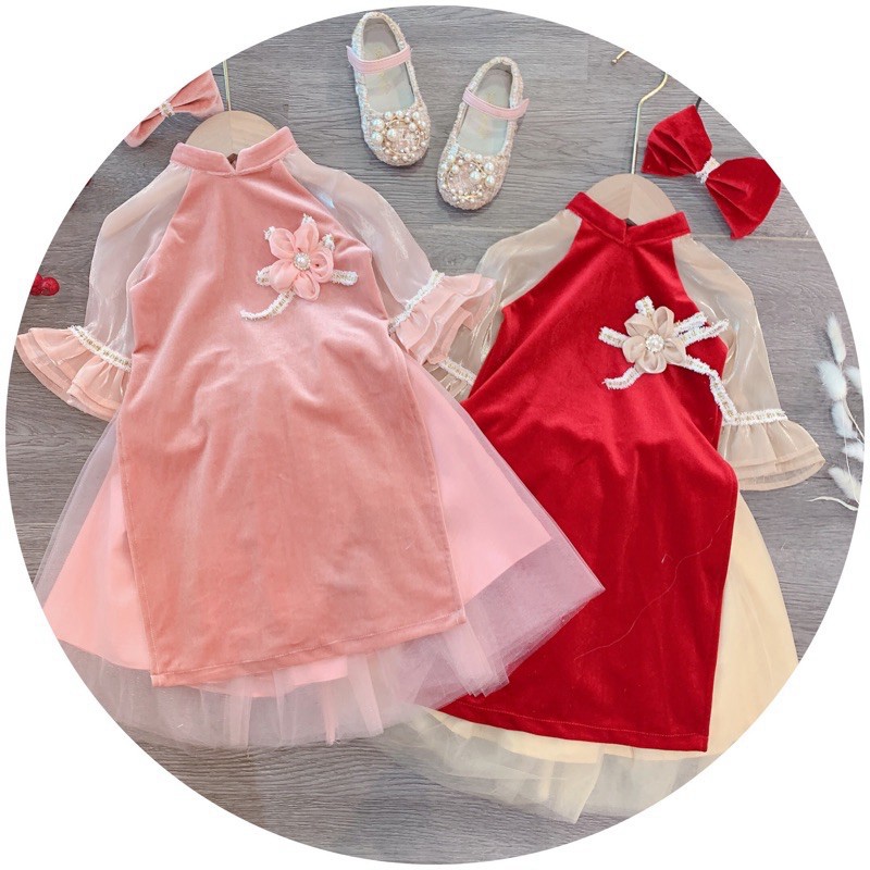 Áo dài nhung 2 màu hồng đỏ dành cho nữ