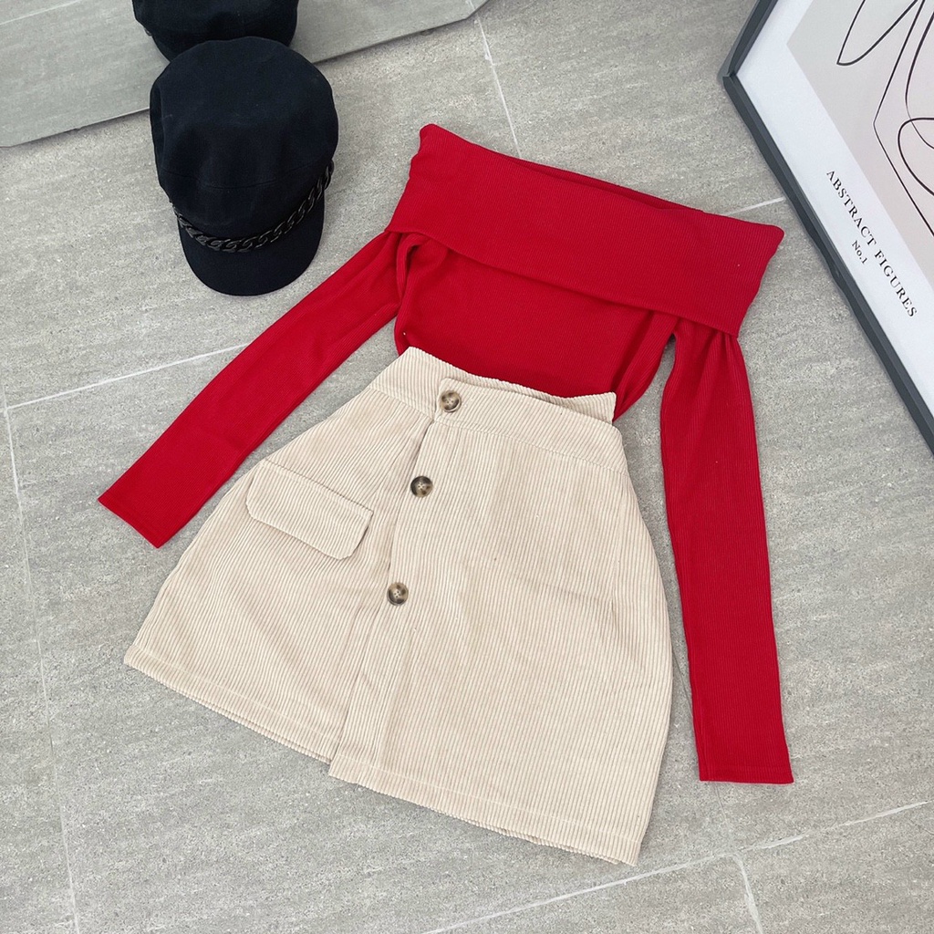 Set áo len đỏ bẹt vai chân váy chéo nút