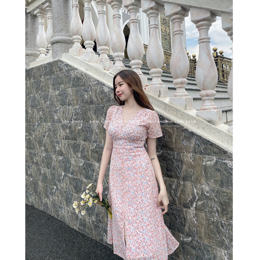 LOVI SHOP - Đầm voan hoa nhí thiết kế nút ngọc cổ V phong cách tiểu thư vintage
