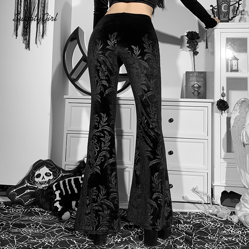 Quần dài ống loe lưng cao in nổi họa tiết hoa thời trang cho nữ