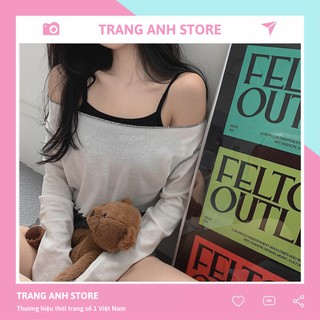 Set Croptop lệch vai viền bèo TRANG ANH - Áo thun giấy Croptop dài tay trắng mix áo 2 dây đen TS217