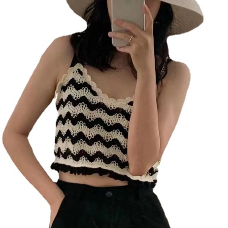 Áo Croptop Dệt Kim Không Tay Cổ Chữ V Ôm Dáng Họa Tiết Kẻ Sọc Phong Cách Pháp Thời Trang Mùa Hè Cho Nữ