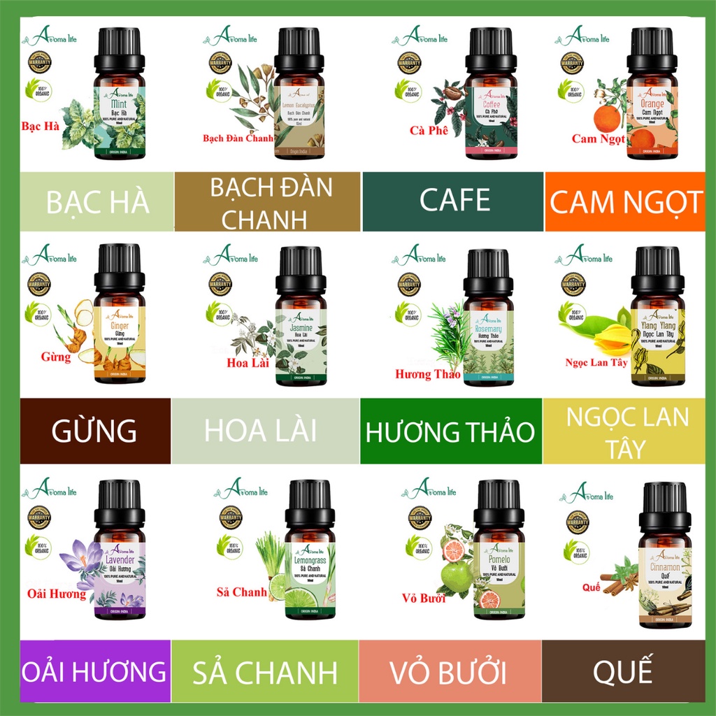 Tinh Dầu Thiên Nhiên Nguyên Chất Nhập Khẩu Ấn Độ 42 Mùi - 10ml Có Chứng Nhận Nhập Khẩu