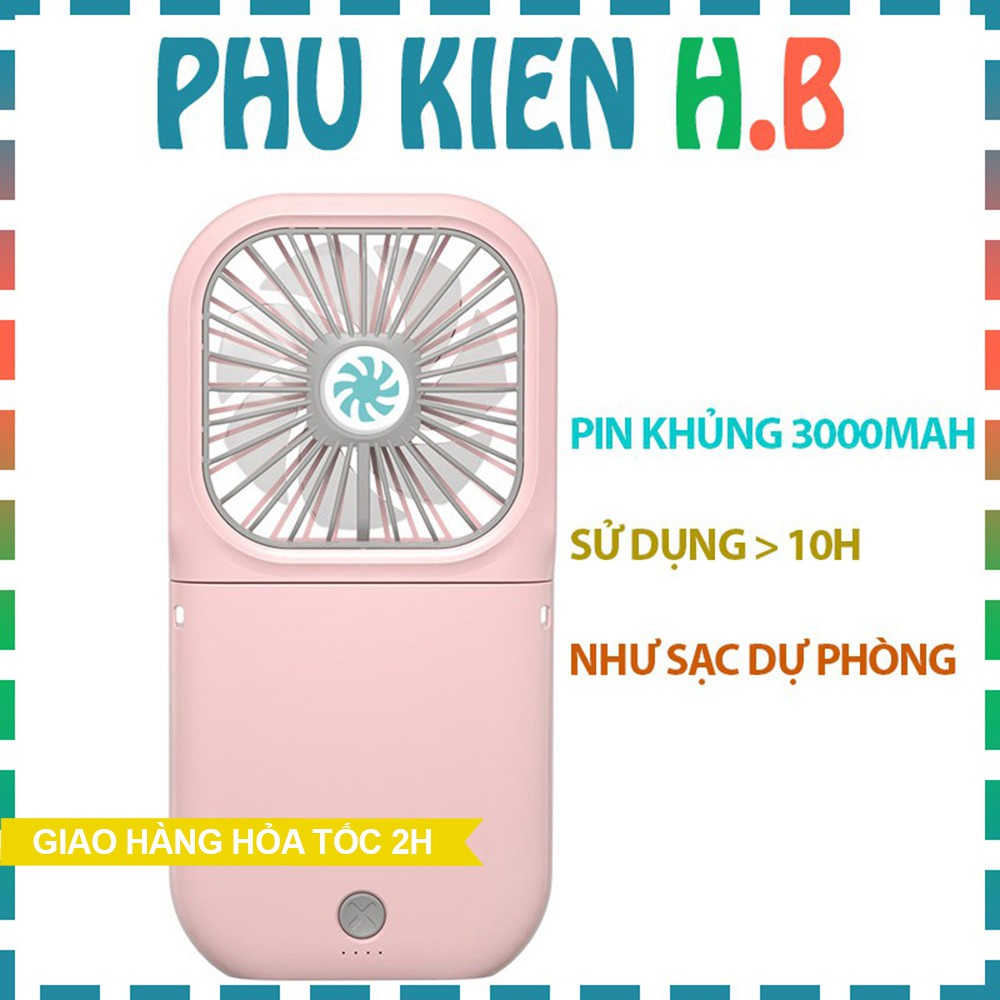 Quạt mini cầm tay kiêm sạc dự phòng 3000mAh, quạt tích điện đeo cổ, để bàn, gió mạnh, mát, êm ái, gấp gọn - Phụ Kiện HB