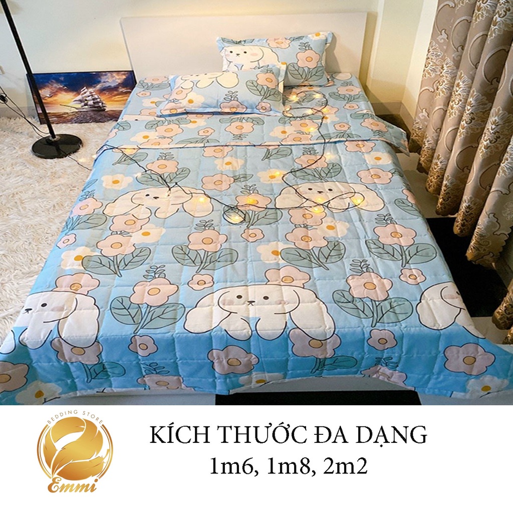 Set ga gối chăn hè chần bông Cotton 5 món EMMIBedding, mẫu Chó trắng tai dài mền cotton họa tiết đáng yêu