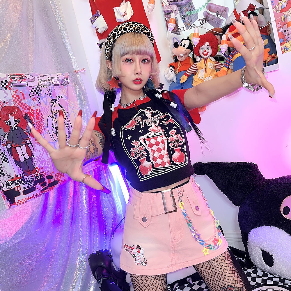 Áo thun croptop MMIOT Y2K tay ngắn in họa tiết đầu lâu phong cách harajuku Hàn Quốc thời trang 2023 cho nữ