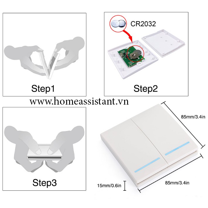Công Tắc Phát Sóng RF 433Mhz Nút Bấm Điều Khiển Từ Xa Dán Tường Hình Vuông RFX01