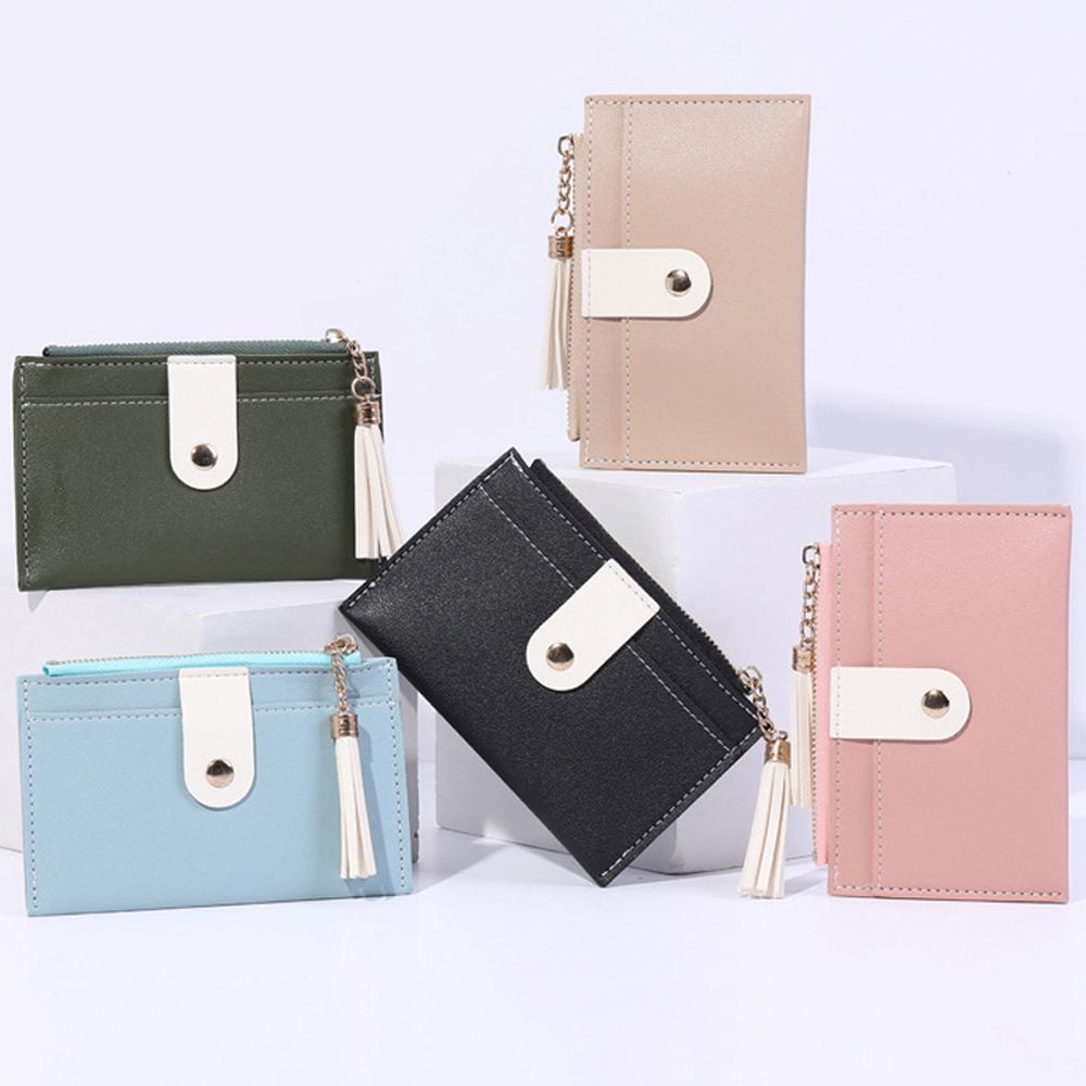 LANFY Ví đựng thẻ xe buýt/tiền/thẻ ngân ahfng bằng da PU phối tua rua cỡ nhỏ dáng mỏng cho nữ gồm nhiều màu