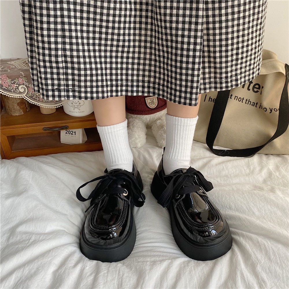 Giày Da Mũi Tròn Đế Dày Buộc Dây Phong Cách Lolita Nhật Bản Cho Bạn Gái