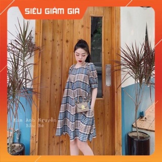 [Thanh lý] Váy bầu cao cấp chất đũi kẻ💕mặc đi làm đi chơi đều được💕Free size from rộng 70kg mặc vừa
