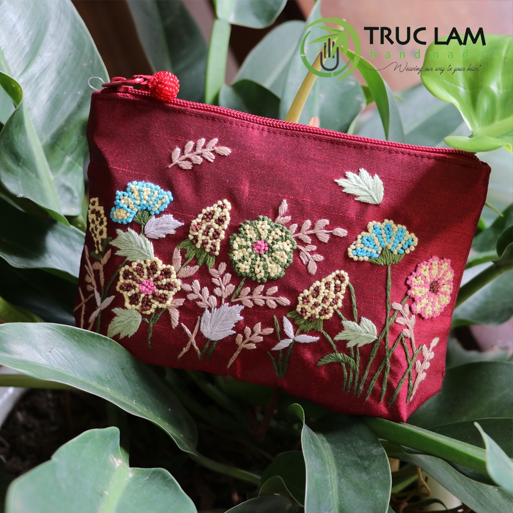 Ví Cầm Tay Túi Đựng Vải Tafta Họa Tiết Hoa Cỏ Thêu Tay - Trúc Lâm Handmade