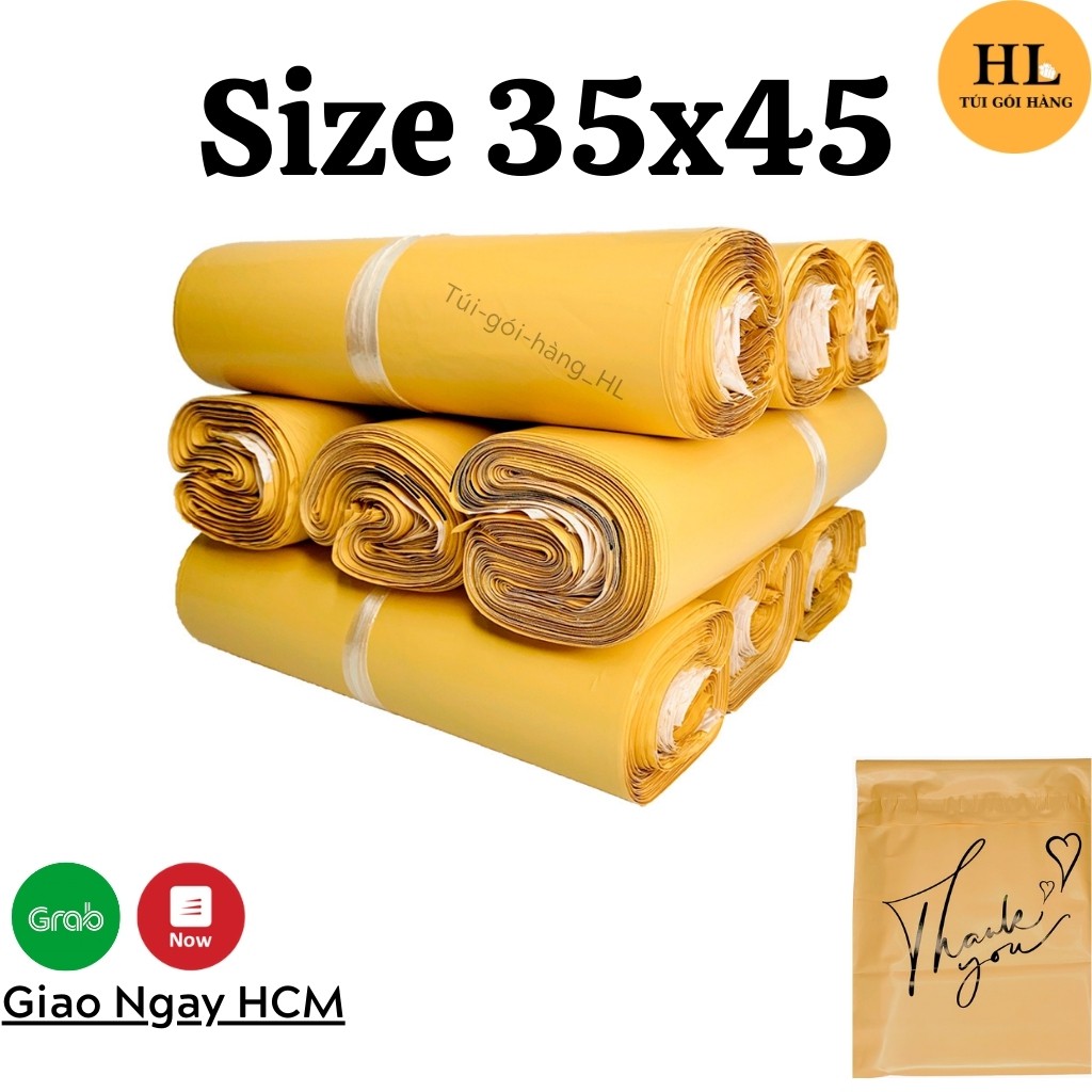 Túi gói hàng màu vàng đồng in chữ &amp; họa tiết size 35x45 cao cấp TUIGOIHANGHL