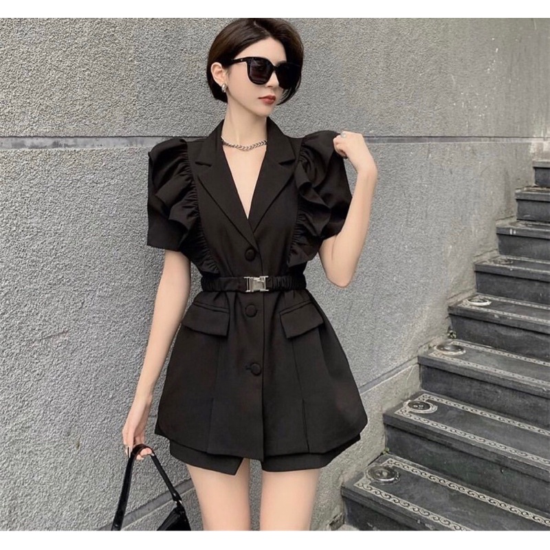 Sét áo cổ vest tay bèo mix sooc kèm đai