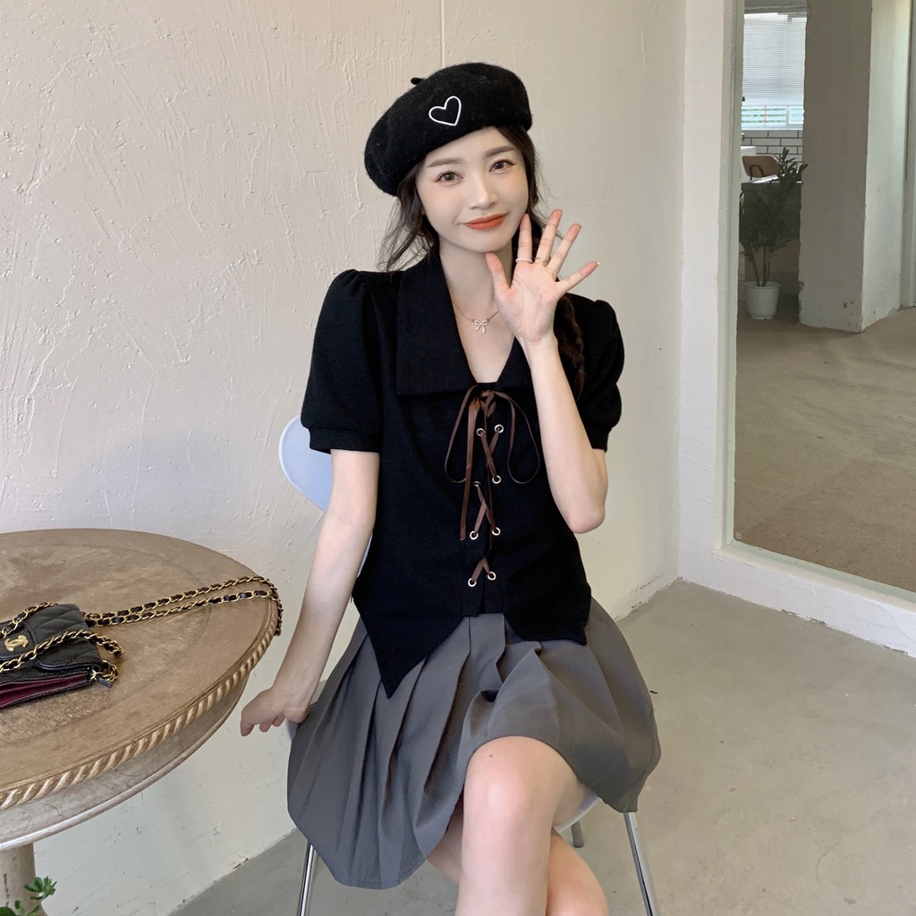 Áo polo ZHELIHANGFEI vải dệt kim tay ngắn dáng rộng phối dây cột thời trang trẻ trung