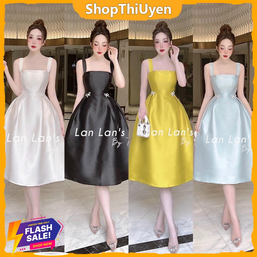 Đầm dự tiệc sang trọng chất vải tapta 2 dây bản to đầm phồng xòe đính nơ nhỏ