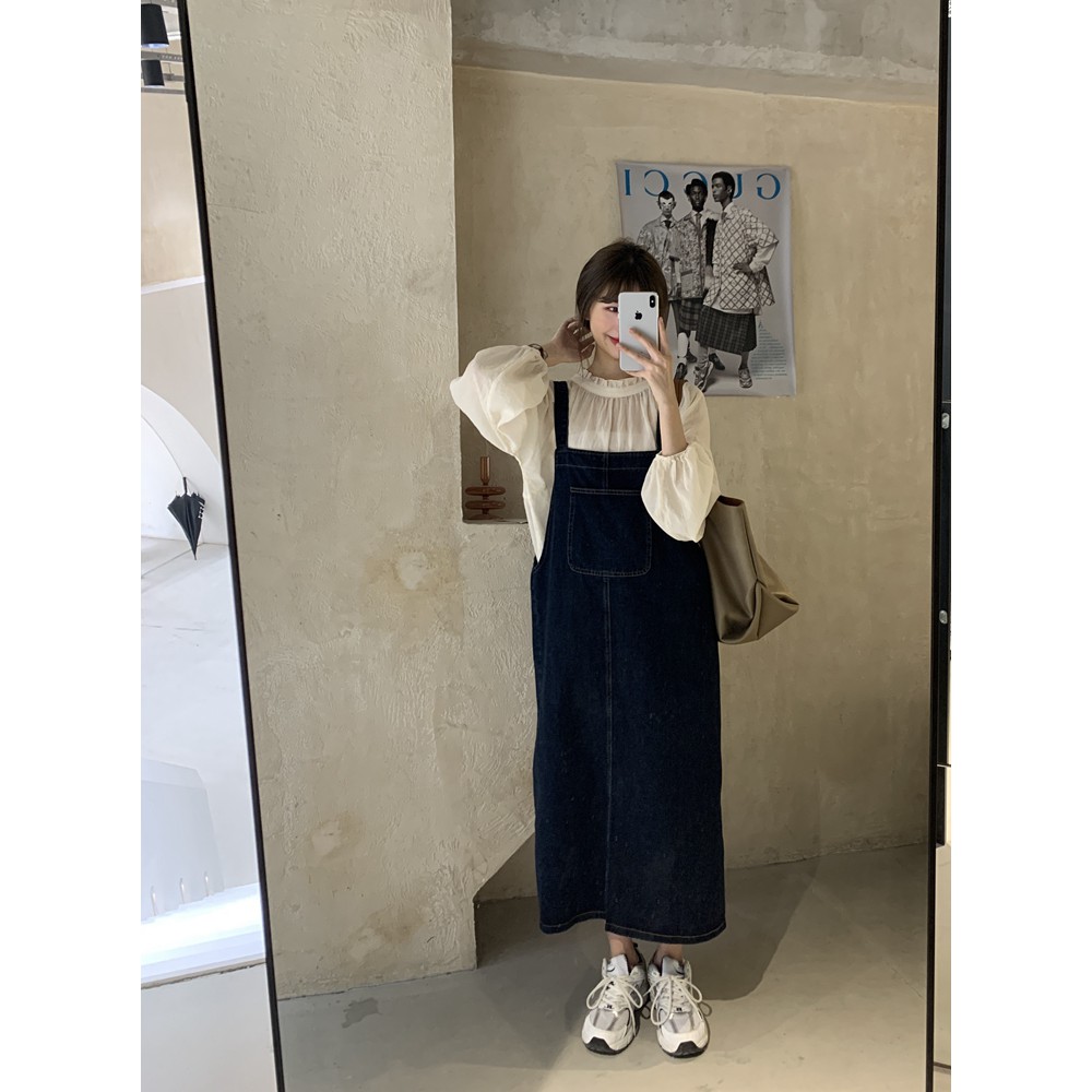 KÈM ẢNH THẬT- (ORDER) Váy yếm bò denim 3 túi dáng suông dài vintage Hàn Quốc đơn giản nhẹ nhàng đáng yêu (Hàng_mới_về)