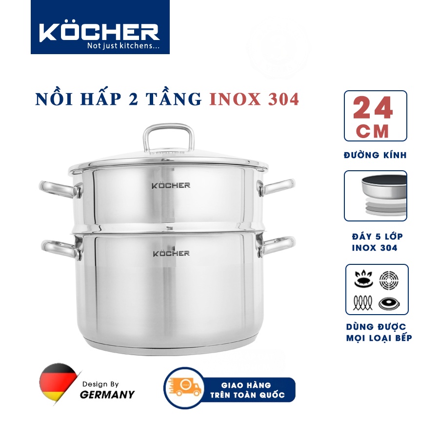 Xửng hấp, nồi hấp 2 tầng đa năng inox 304 5 đáy cao cấp KOCHER dày dặn size 24cm tiện dụng