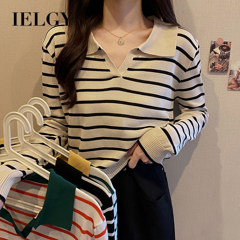 Áo thun IELGY cổ polo tay dài in sọc thời trang cho nữ