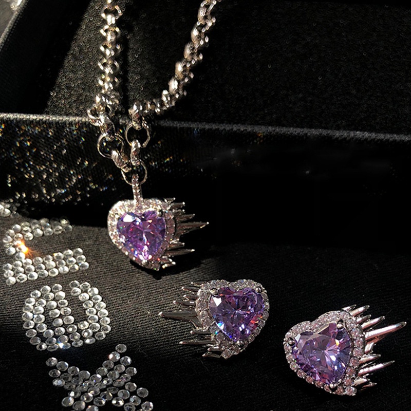 Phong cách mới nhất màu tím màu tình yêu hình dạng dát zircon vòng cổ bông tai bộ chuỗi dày của phụ nữ chuỗi xương đòn