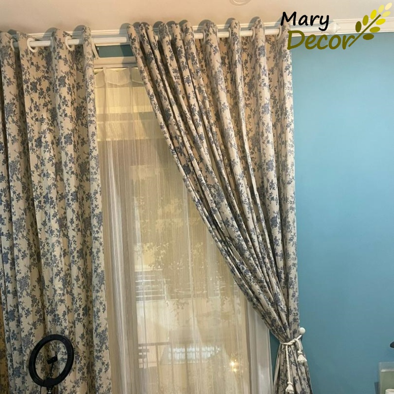 Rèm vải bố vintage hoa xanh độc đáo trang trí decor R-B01