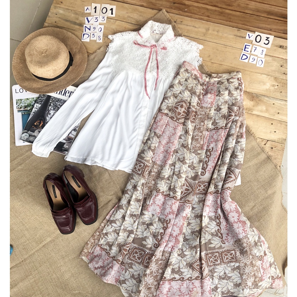 Áo sơ mi trắng tiểu thư - Chân váy hoa màu hồng - Set vintage - Đồ si tuyển - A101 V05