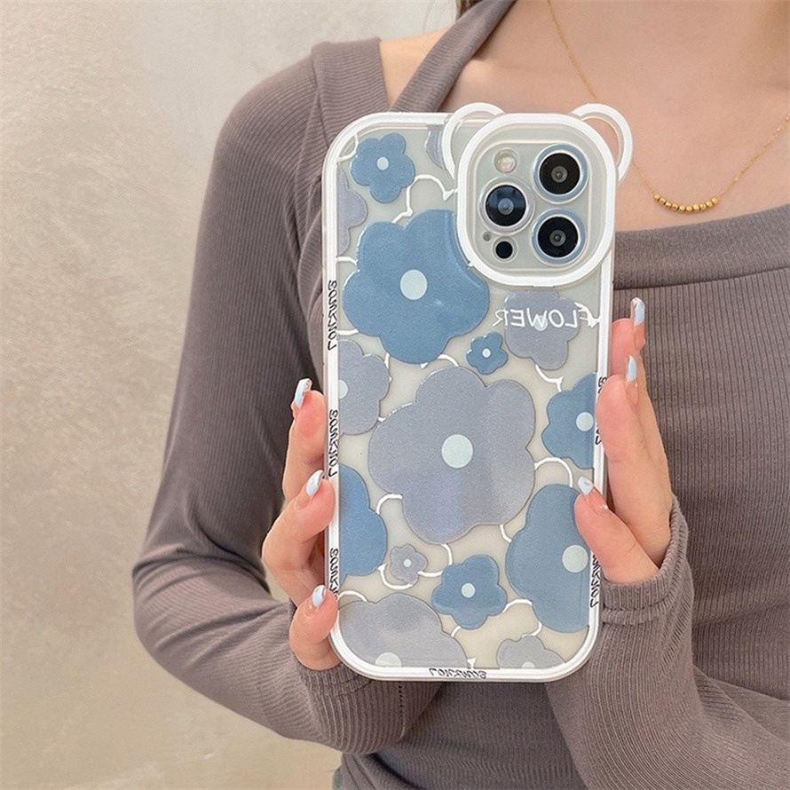 Ốp Điện Thoại Silicon Hình Hoa / Tai Gấu Màu Xám Cho iPhone 14 13 12 11 Pro Max X Xr Xs Max SE 2020 iPhone 8 7 6 6s Plus