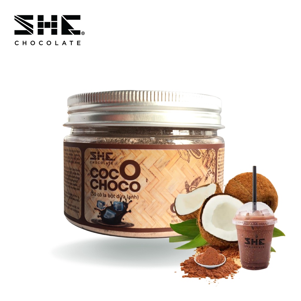 [Pha uống siêu ngon] - Socola bột Dừa lạnh - Hũ pet 60g - SHE Chocolate – Bổ sung năng lượng và tốt cho sức khỏe