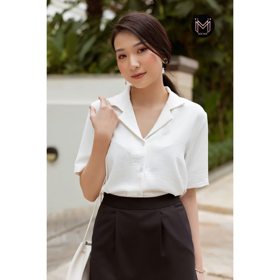 Áo sơ mi đũi ngắn tay màu Trắng - Hàng thiết kế Mixmix - Hình chụp thật