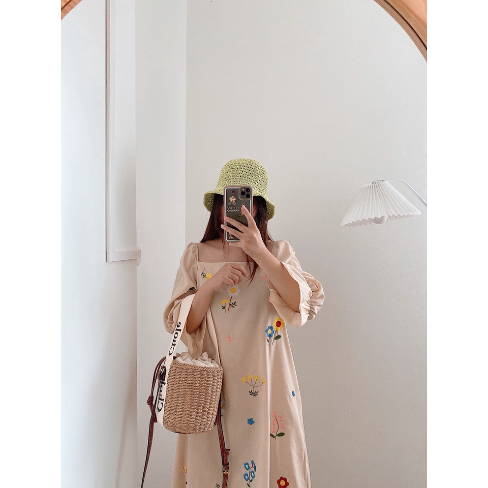 Váy Linen thêu hoa Lily phong cách Ulzzang Hàn Quốc