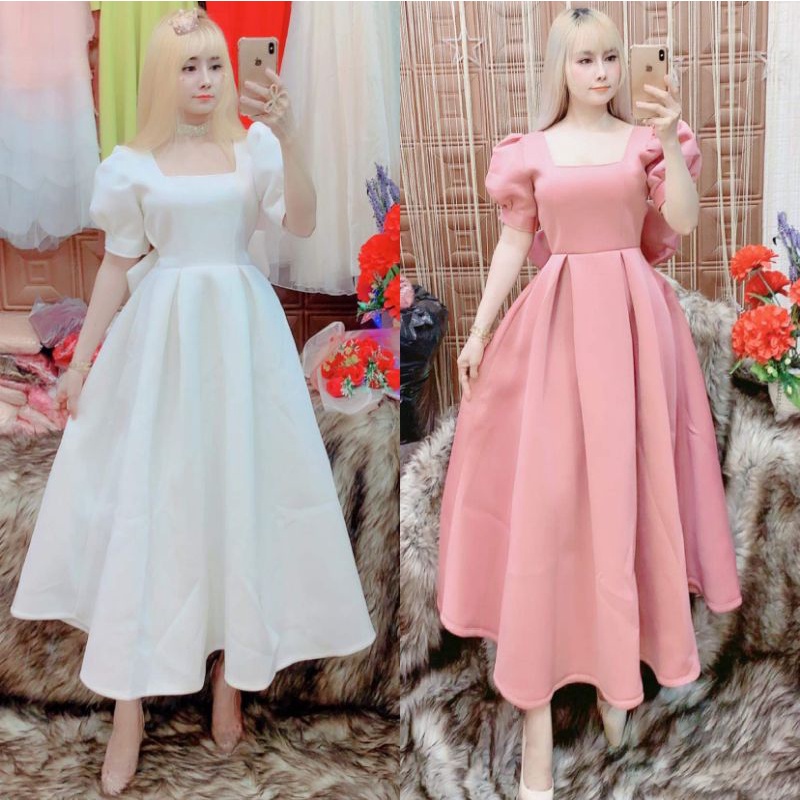 Đầm xòe công chúa tay phồng nơ to sau lưng anh thât