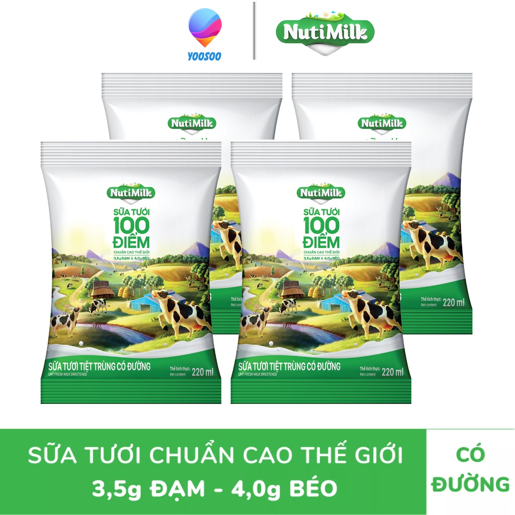 Combo 04 Bịch NutiMilk Sữa tươi 100 điểm Ít Đường/ Có Đường 220ml - NUTIFOOD - YOOSOO MALL