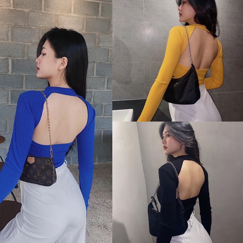 Áo Croptop Tay Dài Khoét Lưng Thun Gân Xịn Xò