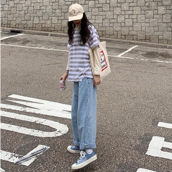 quần bò nữ straight-leg mopping daddy pants Korean loose drape high-waisted wide-leg pants