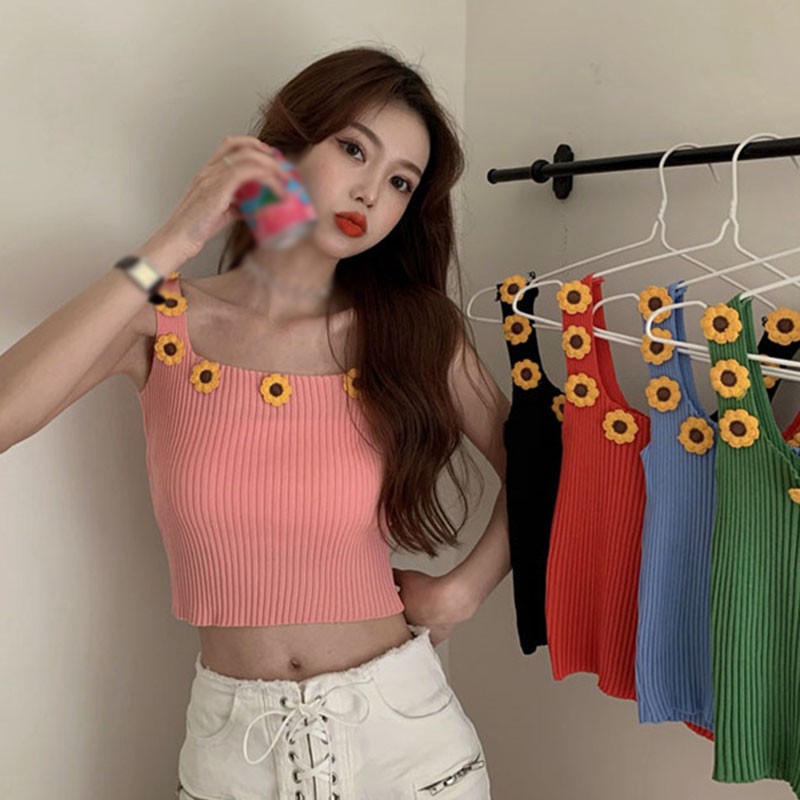 Áo Hai Dây Dệt Kim Cổ Vuông Họa Tiết Hoa Cúc Xinh Xắn