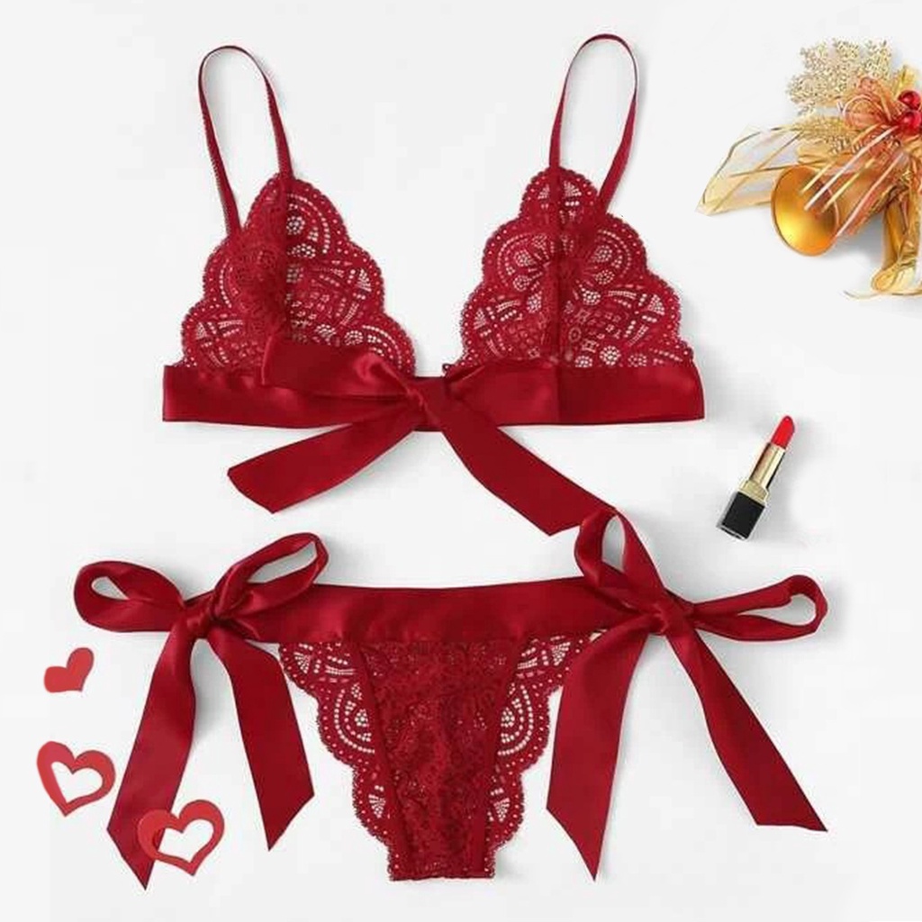 Bộ đồ lót ren babydoll gồm áo lót kiểu vỏ sò và quần lót thắt nơ gợi cảm cho nữ