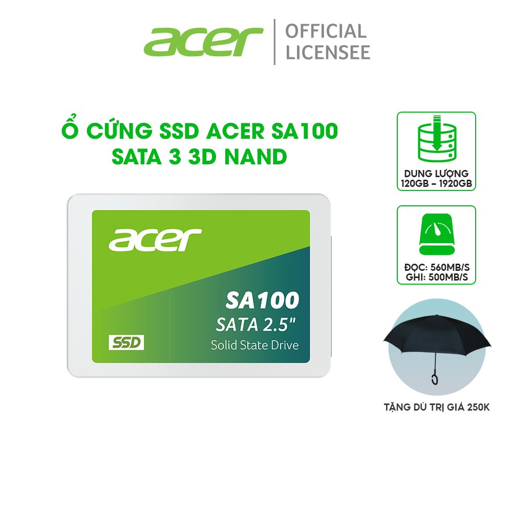 Ổ cứng SSD Acer SA100 SATA 3 3D NAND 2.5inch tốc độ đến 561MB/s dung lượng từ 120GB/240GB/480GB/960GB chính hãng
