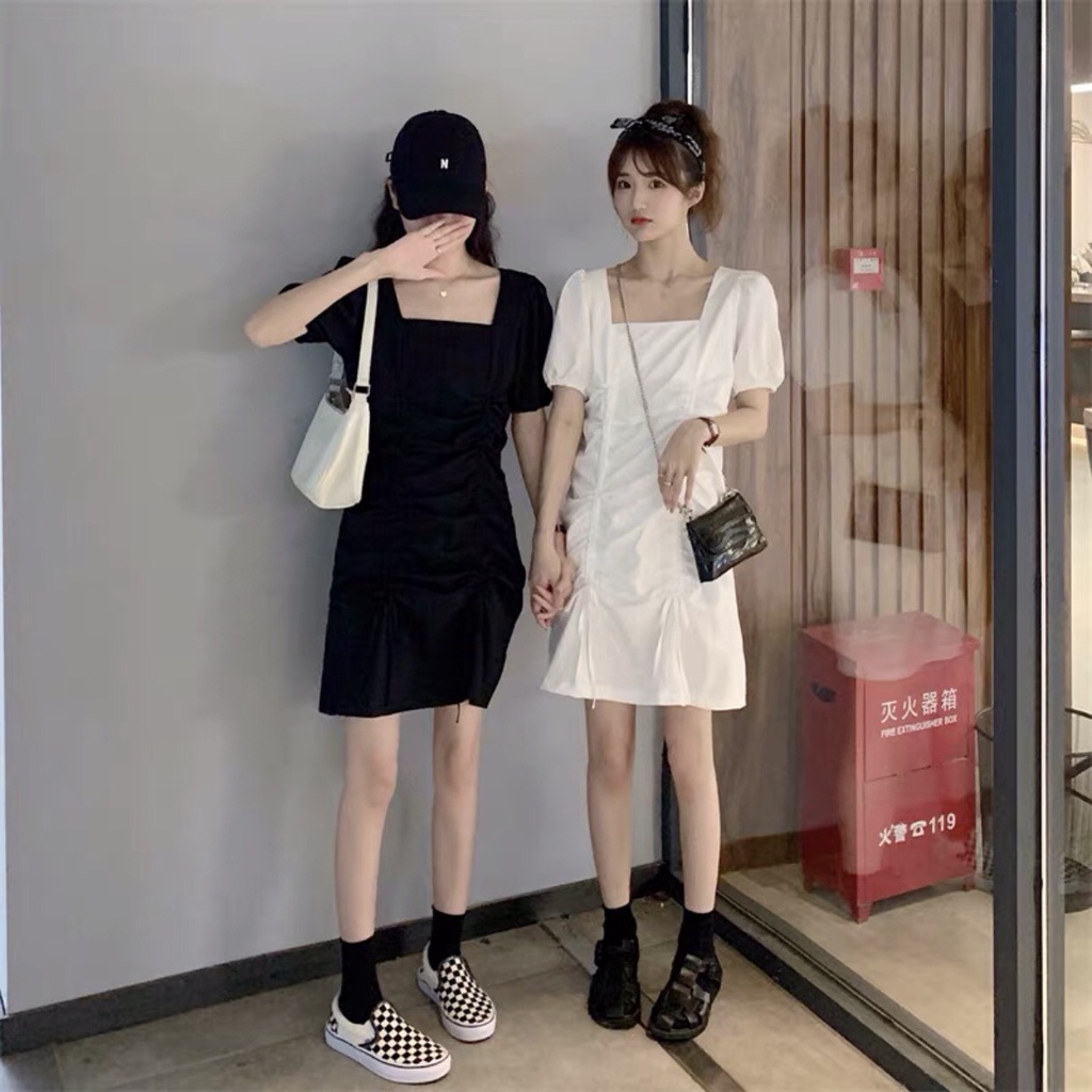 VÁY CỔ VUÔNG DÂY RÚT TAY BỒNG LỠ - ĐẦM SUÔNG ĐEN TRẮNG KHÓA KÉO MẶC 2 KIỂU HÀN QUỐC