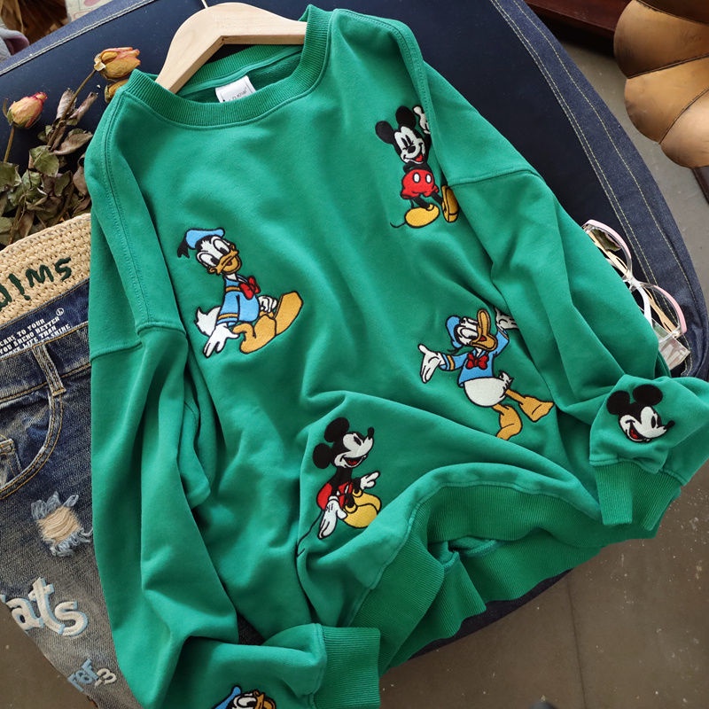 Áo Sweater Tay Dài Mỏng Thêu Họa Tiết Sọc Chuột Mickey Vịt Donald Thời Trang Xuân Thu Mới Cho Nữ