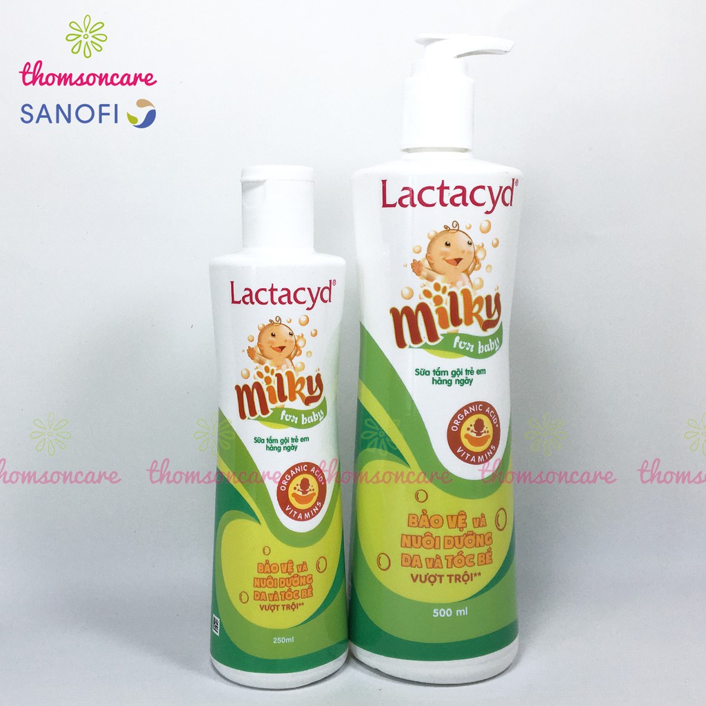 Sữa tắm Lactacyd Milky tắm và gội đầu cho bé từ sơ sinh chai 500ml có vòi tiện lợi, giảm rôm sảy, mẩn ngứa