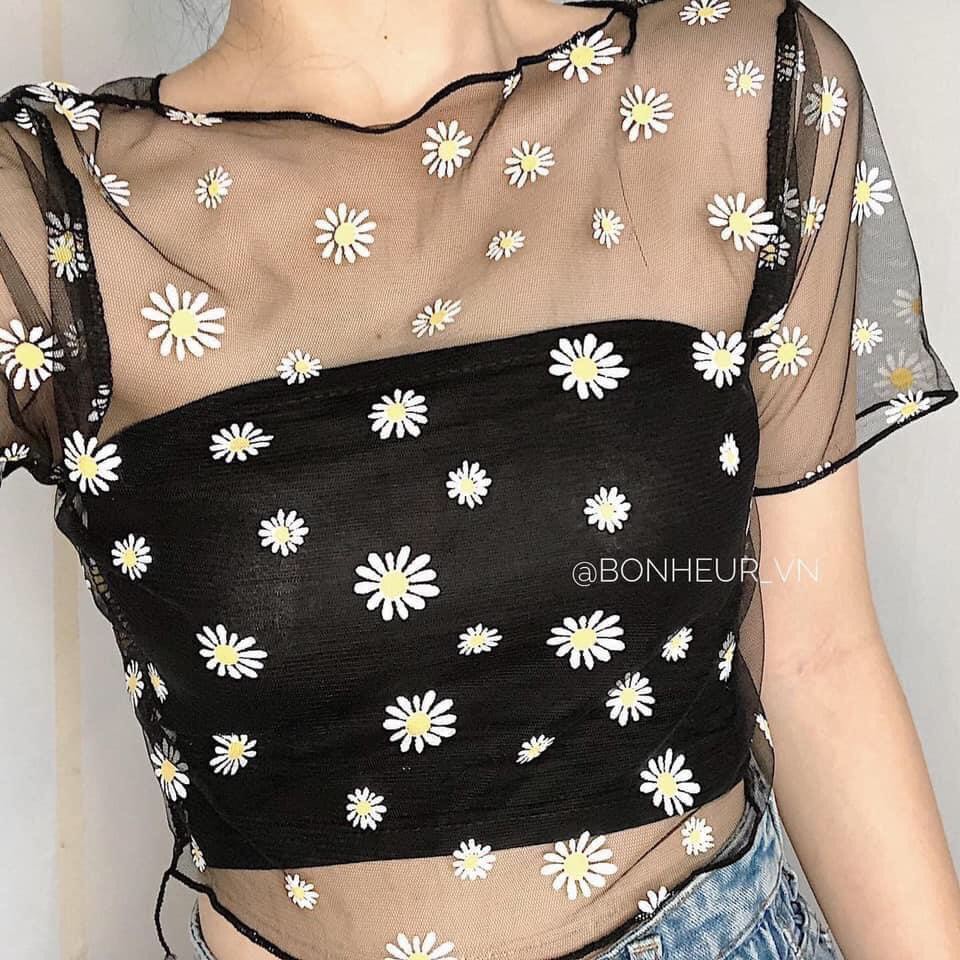 SET 2 MÓN CROPTOP HOA CÚC LƯỚI ❤️ SET ÁO TUBE QUÂY MIX ÁO REN LƯỚI CHIFON HOA CÚC ĐEN TRẮNG