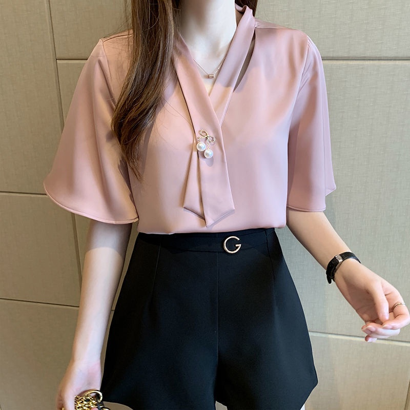 Áo Sơ Mi Chiffon Tay Loe Cổ Chữ V Form Rộng Phong Cách Hàn Quốc Mới