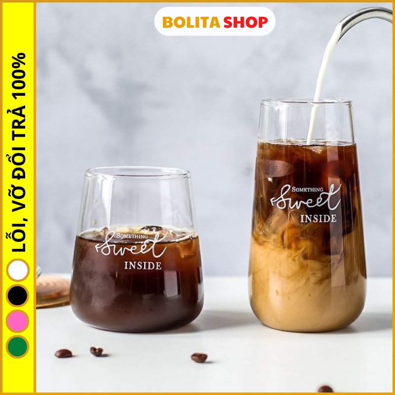 Ly thủy tinh dễ thương cute chịu nhiệt in chữ SWEET INSIDE 450-500ml cốc thủy tinh trong suốt miệng tròn OUOUDECOR C08