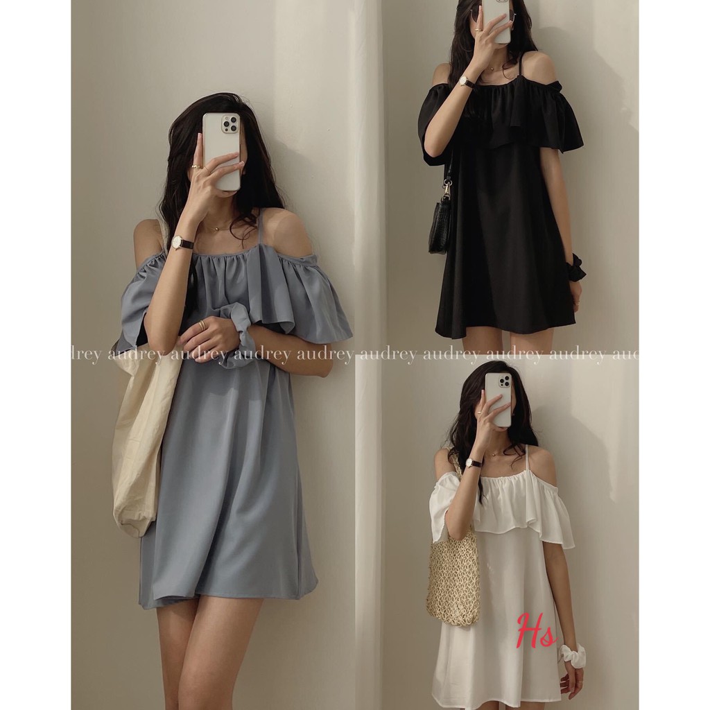 Đầm Nữ 2 Dây Bẹt Vai 3 Màu Siêu Xinh 🦋 Váy 2s Nữ Khoét Vai Viền Bèo Đáng Yêu[ Ảnh+Video Thật]